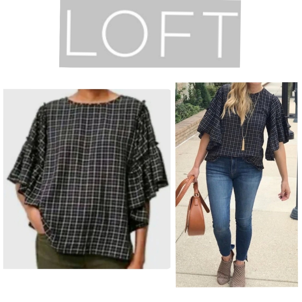 NWT LOFT BLACK CHECK BLOUSE WITH RUFFLE SLEEVE - SIZE M
